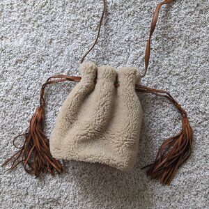 Anthropologie Faux Sherpa drawstring bucket bag